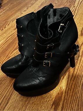 BCBG Black Buckle Platform Ankle Boots